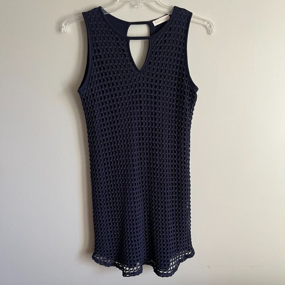 Trouble at the Mill Open Knit Crochet Sleeveless Mini Dress S Cover Up Navy Blue